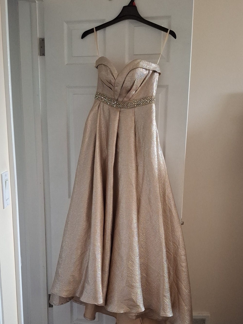 Mac Duggal Metallic Champagne Strapless A-Line Gown with Jeweled Waist